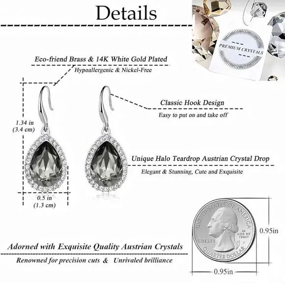 14K White Gold with Charcoal Gray Austrian Crystal Teardrop Halo Hook Earrings